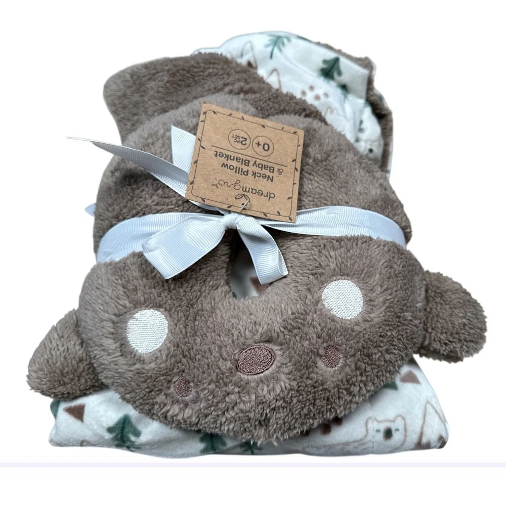 Dream Gro 2 Piece Set Brown Neck Pillow and Bear Baby Blanket